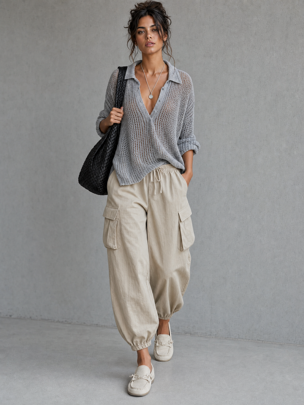 Women's Casual Grey Open-knit V-neck Long-sleeve Top Paired With Khaki Woven Trousers MDZ2413G5LXY