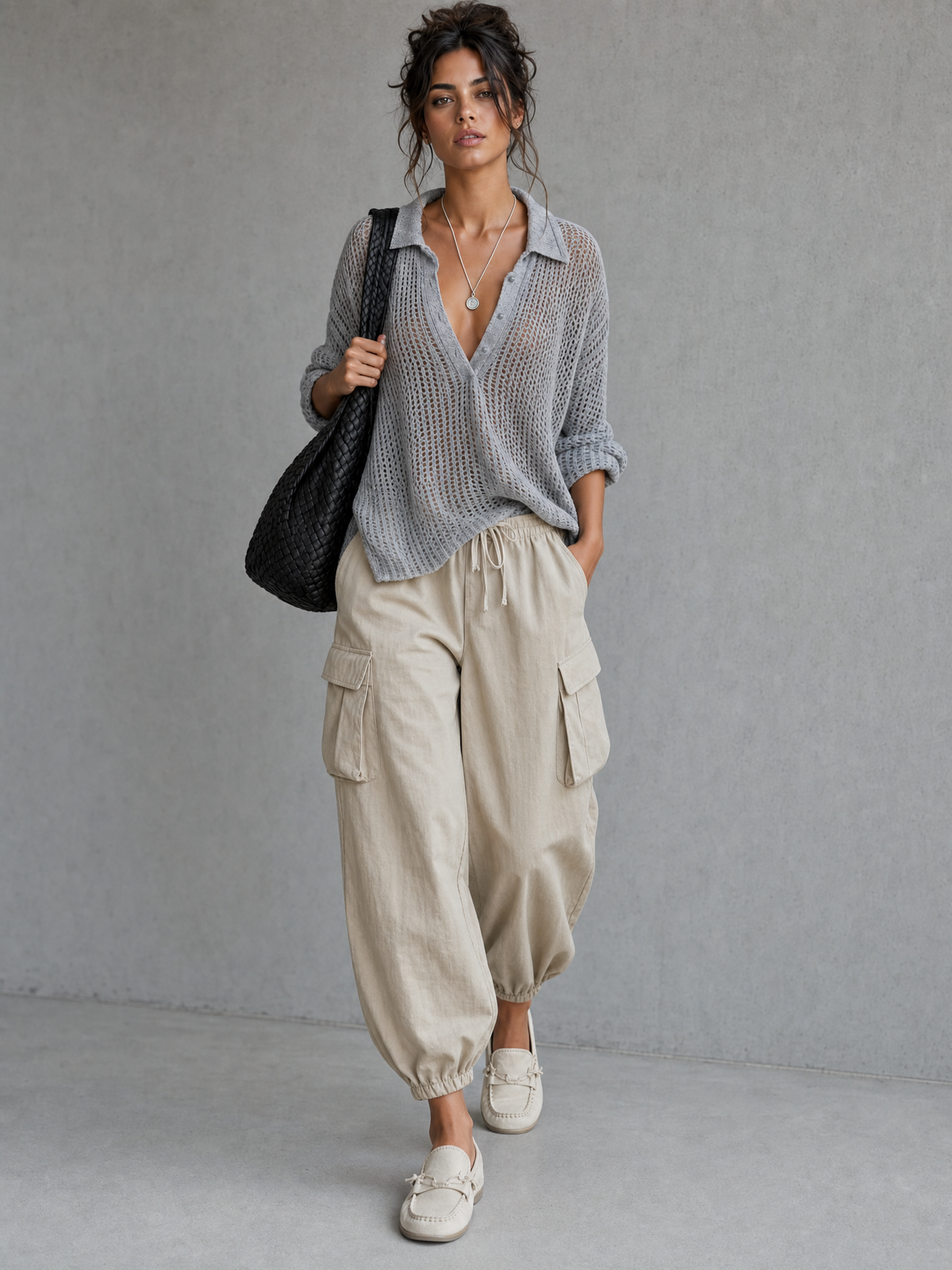 Women's Casual Grey Open-knit V-neck Long-sleeve Top Paired With Khaki Woven Trousers MDZ2413G5LXY