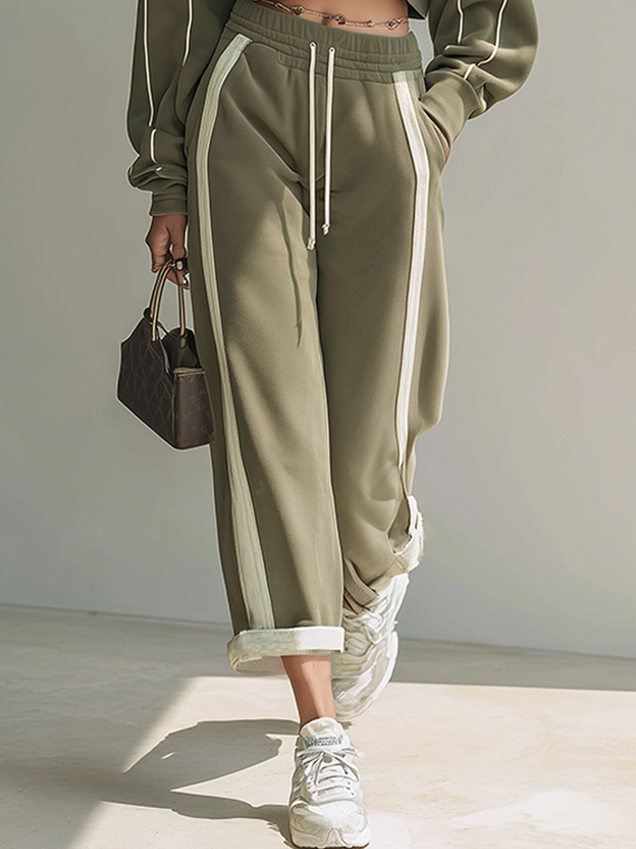 Women's Olive Cotton Blend Contrast Piping Cropped Zip Jacket & Wide Leg Sweatpants Set MDZ2223G4ZRK