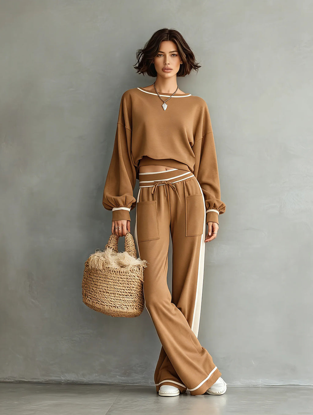Women's Casual Long-Sleeve Sweatshirt And Flared Sweatpants Set MDZ1897F7WY