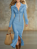 Business Casual Blue Turndown Collar Long Sleeve Ruffle Elegant Bodycon Midi Dresses