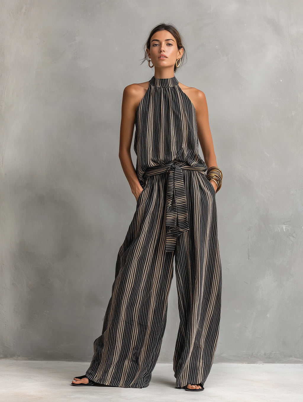 Women's Elegant Striped Printed Woven Round Neck Sleeveless Top Paired With Trousers Set MDZ2706B5AN