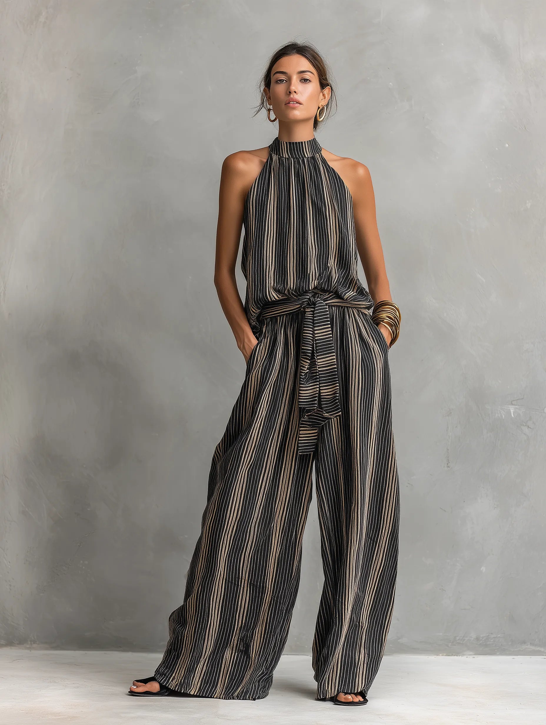 Women's Elegant Striped Printed Woven Round Neck Sleeveless Top Paired With Trousers Set MDZ2706B5AN