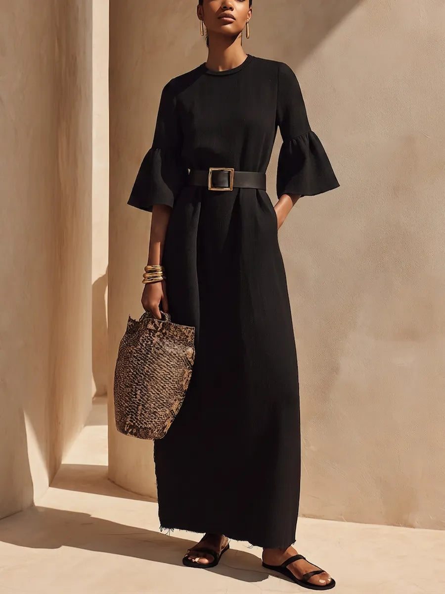 Women’s Black Crew Neck Flare Half Sleeve Raw Frayed Hem Midi Maxi Dress With Side Pockets MDZ0263G4YZJ
