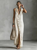Bohemian Hooded Maxi Shirt Dress - Sleeveless High-Slit Button-Down Summer Vacation Long Dress