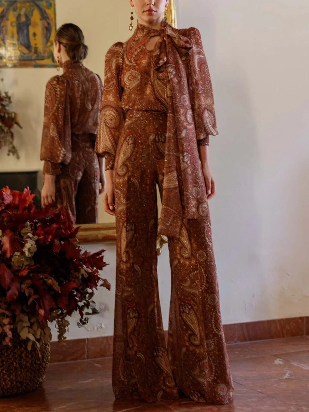 Retro Paisley Print Tie-Neck Long-Sleeve Shirt