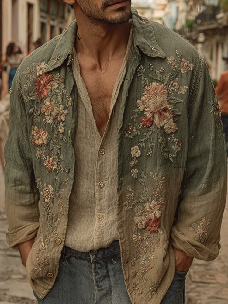 Men's Bohemian Retro Style Floral Print Long-sleeve Shirt