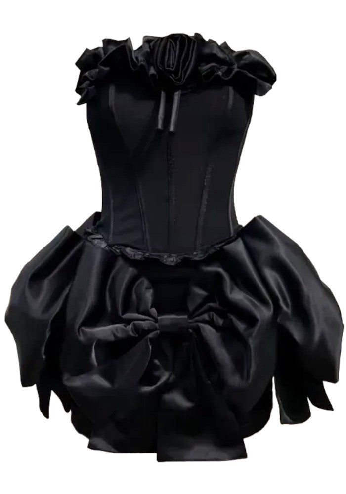 Strapless Floral Bow Corset Two Piece Dress Black