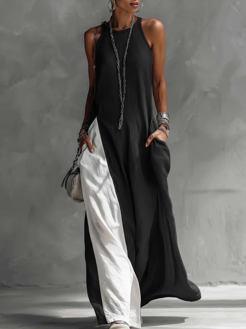 Stylertime Avant-Garde Halter Maxi Dress - Contrast Color-Block Loose Fit Art-Style Gown