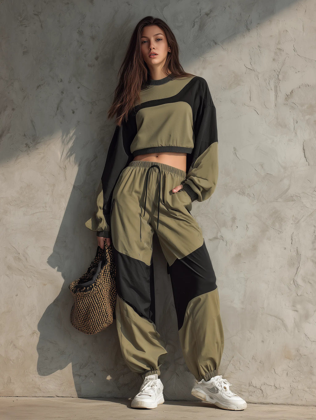 Women's Casual Long-sleeve Woven Top And Pants Tracksuit Featuring Dark Green And Black Color-blocking MDZ2116G9LXY