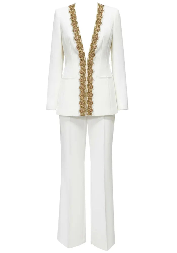 Long Sleeve Embellished Neckline Suit White