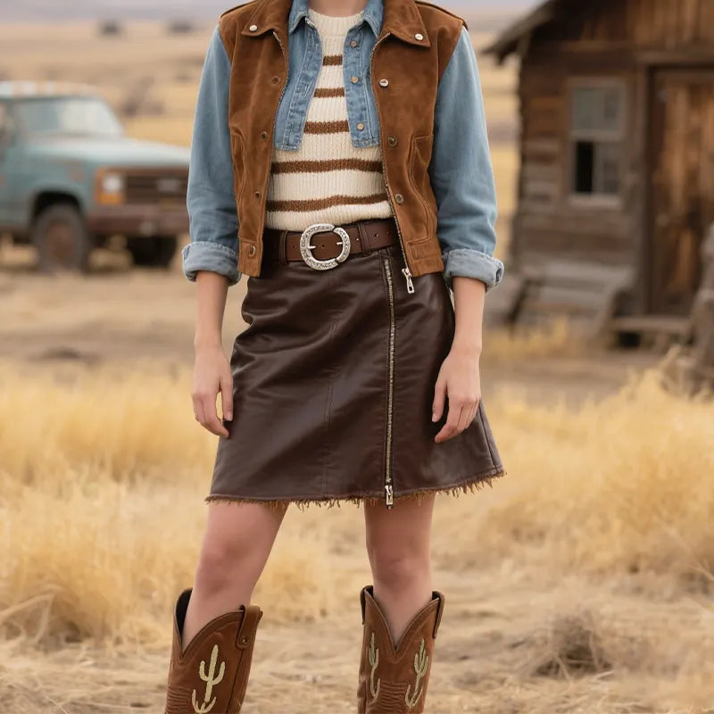 Women's Western Style Leather Skirt With Raw Hem And Zipper