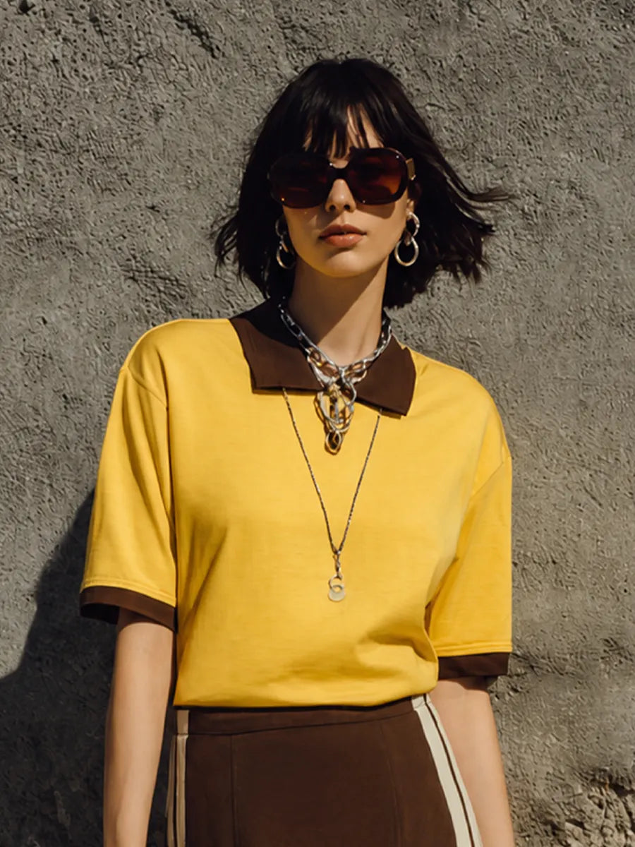 Women's Retro Casual Yellow Brown Cotton Blend Contrast Collar Side-Stripe Midi Skirt Set MDZ2005G7GMJ
