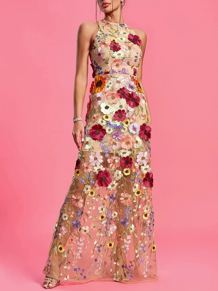 Sleeveless Round Neck Floral Embroidery Maxi Dress