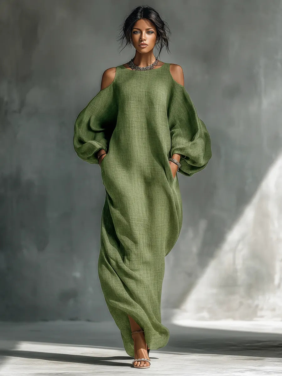 Women's Light Green Cold-Shoulder Maxi Dress With Oversized Puff Sleeves & Side Pockets MDZ1004B7T