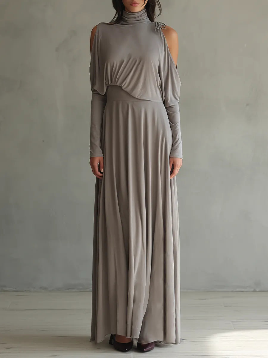 Women's Taupe Soft Modal Maxi Dress With Turtleneck Cold Shoulder Cutout & Draped Waist, Minimalist Elegant Flowy Maxi Dress MDZ2272G8LYL