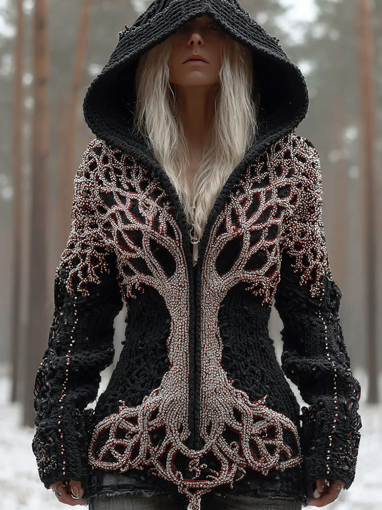 Women's Vintage Viking Rhinestone Tree Of Life Knit Zipper Sweater