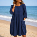 Marelle – Linen-Look Midi Dress with Three-Quarter Sleeves & Pockets