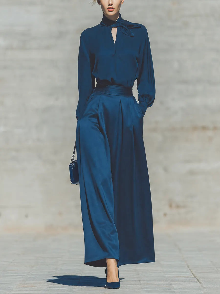 Women's Solid Deep Blue Satin Bow Tie Mock Neck Long Sleeve Loose Top High Rise Waist Side Pocket Skirt Set MDZ2496G7YZJ