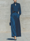 Women's Solid Deep Blue Satin Bow Tie Mock Neck Long Sleeve Loose Top High Rise Waist Side Pocket Skirt Set MDZ2496G7YZJ