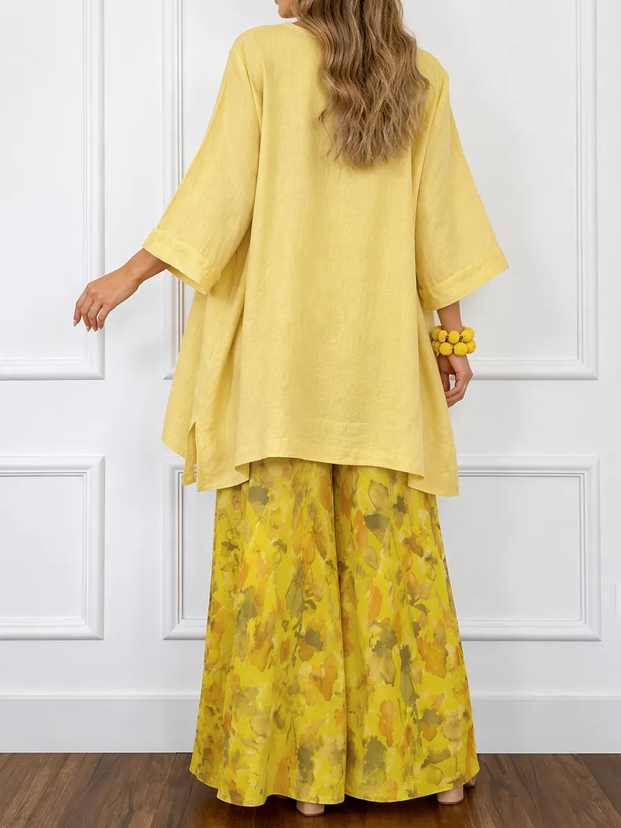 Flower Print Contrast Color Wide Leg Loose Trousers Pants