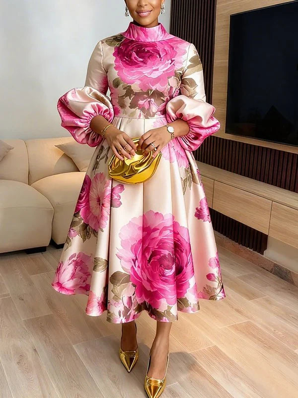 Pink Rose Print High Neck Puff Sleeve High Waist Flare Midi Dress