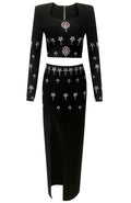 Long Sleeve Crystal Two Piece Maxi Dress Black
