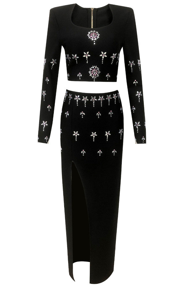Long Sleeve Crystal Two Piece Maxi Dress Black
