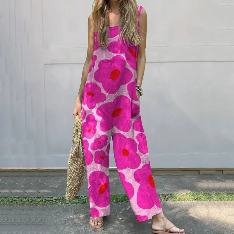 Women's Gorgeous Large Flower Print Thin Suspender Casual Wide Leg Jumpsuit