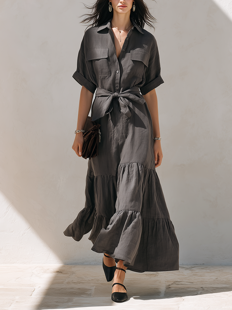 Women's Minimalist Solid‑Dark‑Grey Linen‑Blend Shirt‑Style Maxi Dress MDZ1576G4ZRK