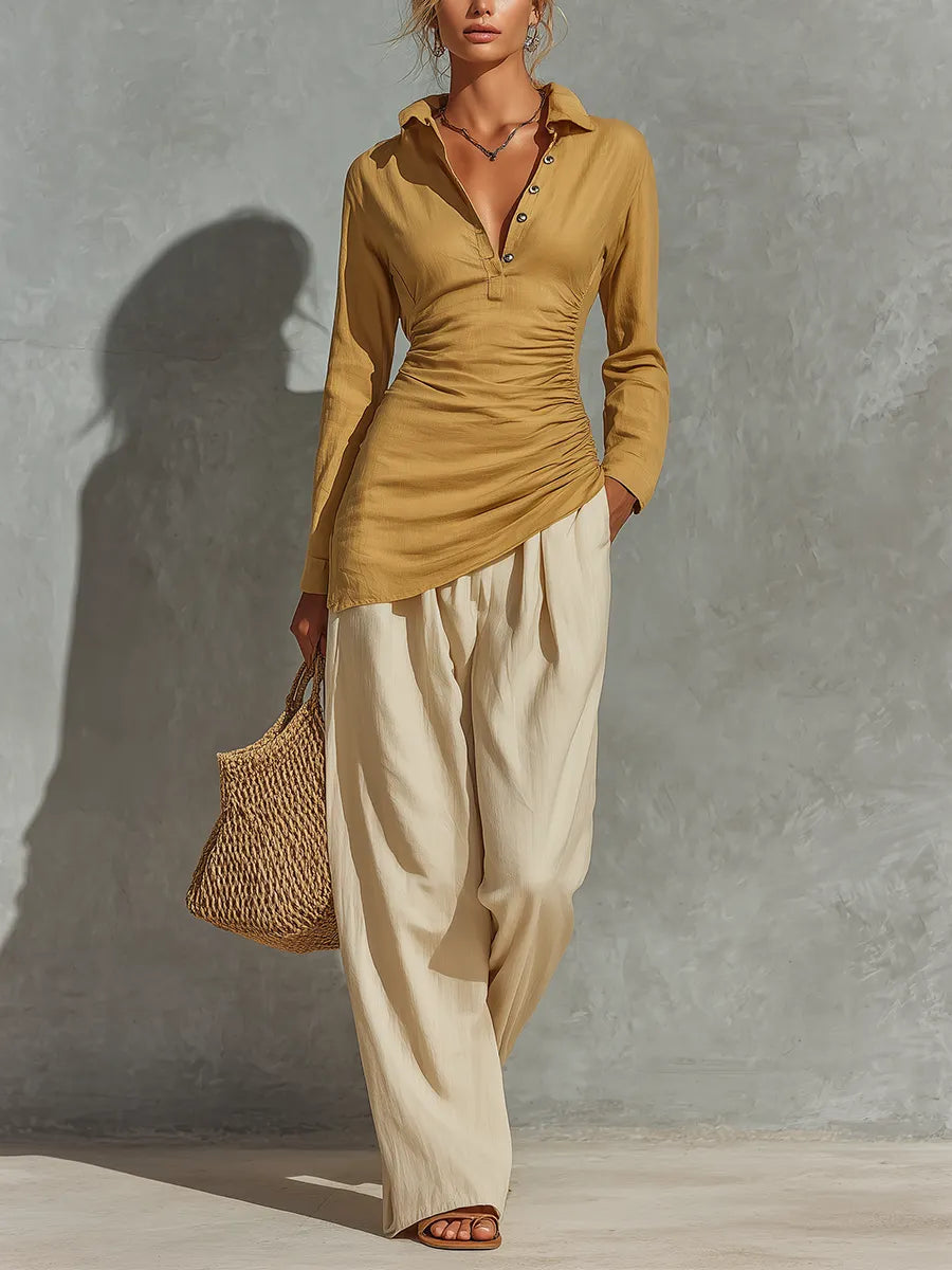 Women’s Mustard Linen Collar Half Button Side Ruched Asymmetrical Hem Long Sleeve Top & Beige High Waist Pocket Wide Leg Pants Two Piece Matching Set MDZ0746G9YZJ