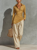 Women’s Mustard Linen Collar Half Button Side Ruched Asymmetrical Hem Long Sleeve Top & Beige High Waist Pocket Wide Leg Pants Two Piece Matching Set MDZ0746G9YZJ