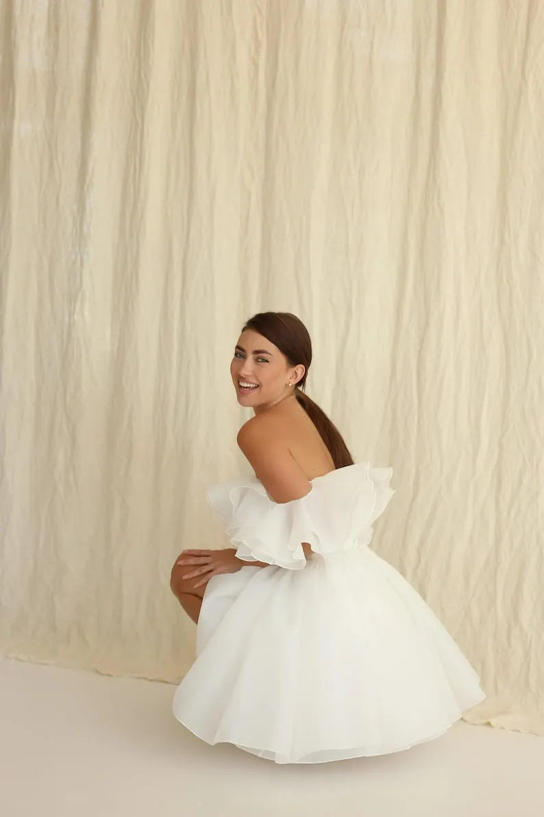 Brenda dress, Short wedding organza dress, Rehearsal dinner dress, Elopement wedding dress.