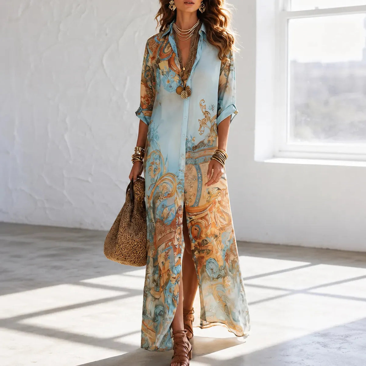 Solmare – Mediterranean Baroque Print Chemisier Maxi Dress