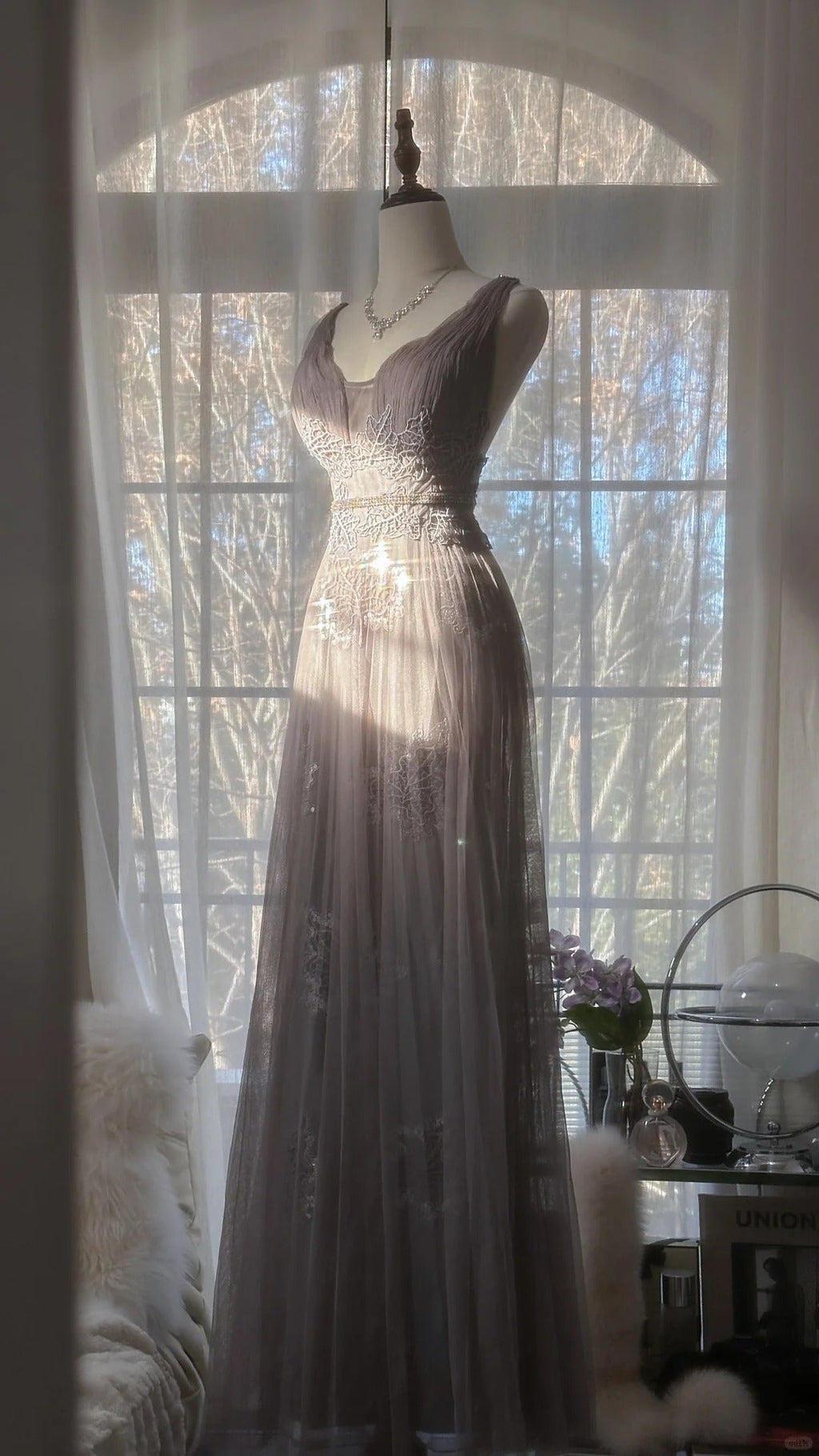 Gray Purple Romantic Fashion Elegant Exquisite Lace Floral Applique Long Tulle Fairy Ball Gown Evening Dress Birthday/Wedding Guest/Holiday Party Dress Prom Dress Valentine's Day Date Dress Bridesmaid Dress 4031
