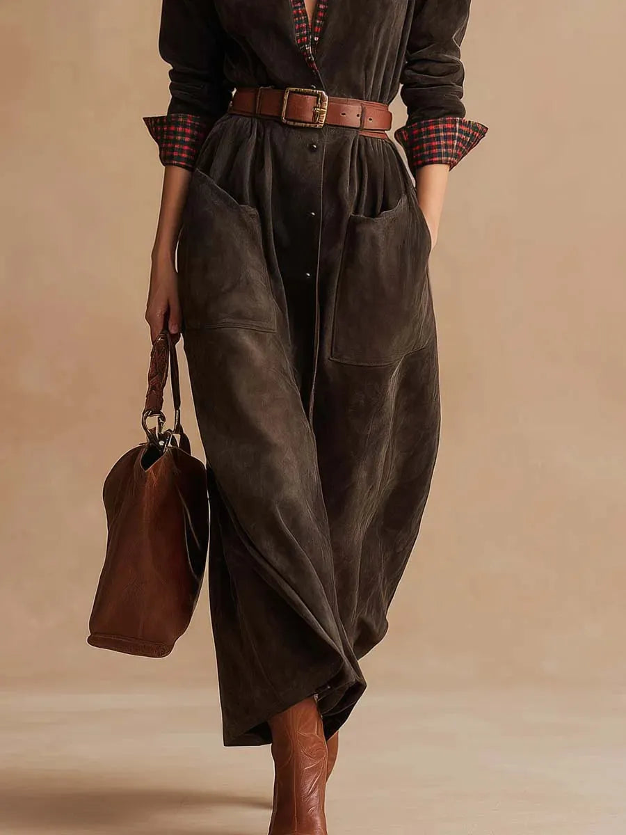 Retro dark brown suede patchwork plaid collared dress(Includes belt)