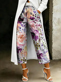 Women's Fashion Watercolor Floral Artistic Print Relaxed-fit Wide-leg Jeans