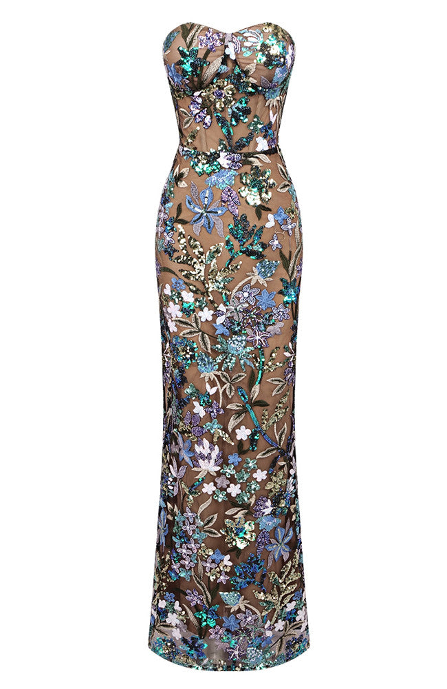 Strapless Sequin Floral Maxi Dress Green