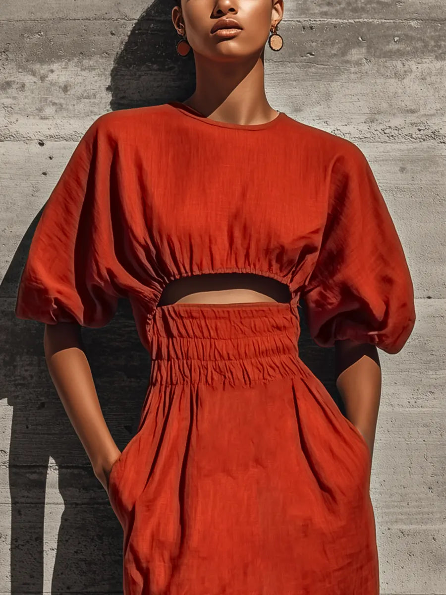 Women’s Rust Linen Blend Round Neck Puff Short Sleeve Midriff Cutout Smocked Waist Side Pocket Midi Dress MDZ0678G9YZJ