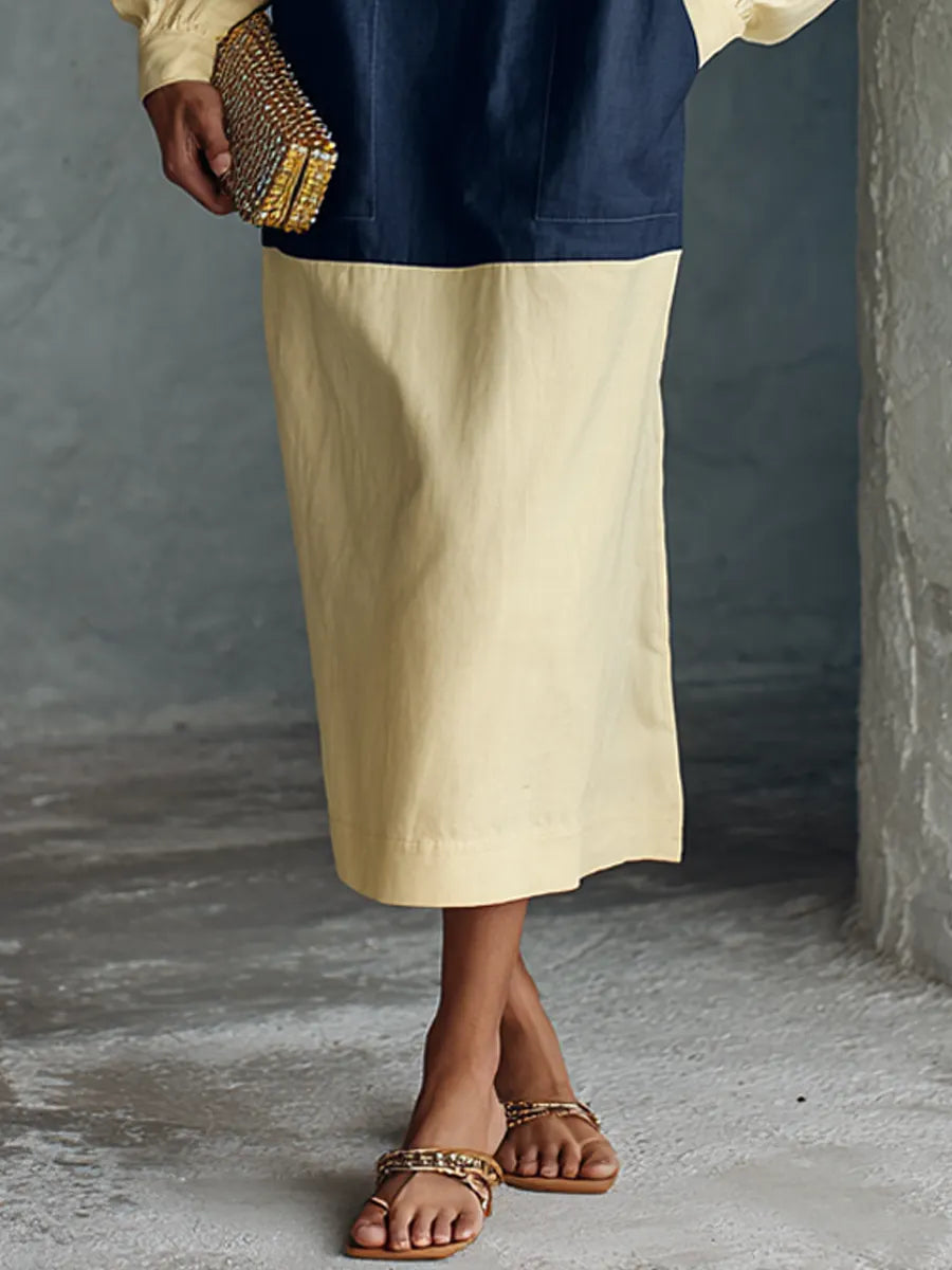 Women's Minimal Casual Pale Yellow Spliced Navy Cotton Blend Half Zip Hooded Long Sleeve Midi Dress MDZ1460G6GMJ