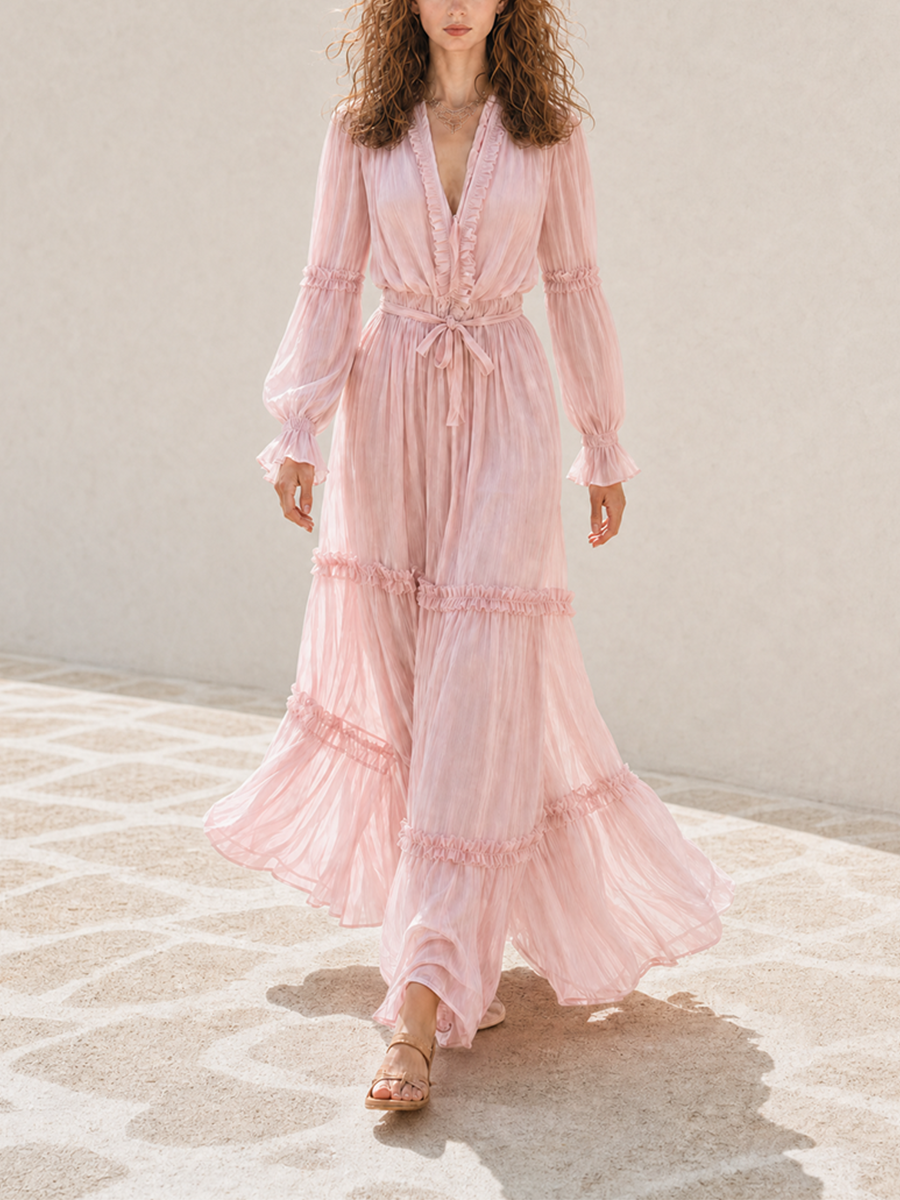 Women's Resort-Style Pink V-Neck Bishop-Sleeve Belted Ruffle-Tiered Cinched-Waist Chiffon Maxi Dress MDZ1649G2CMX