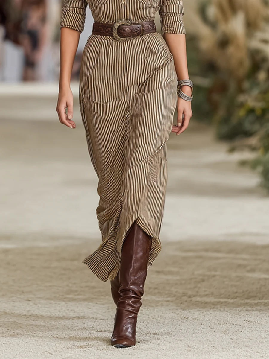 Striped Lapel Single-breasted Long-sleeved Waist Maxi Dress (without Belt)