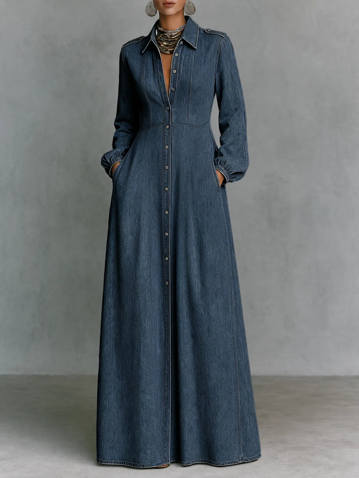 Women's Minimalist Long-Sleeve Denim Maxi Dress With Collar And Epaulettes MDZ0893G9WY