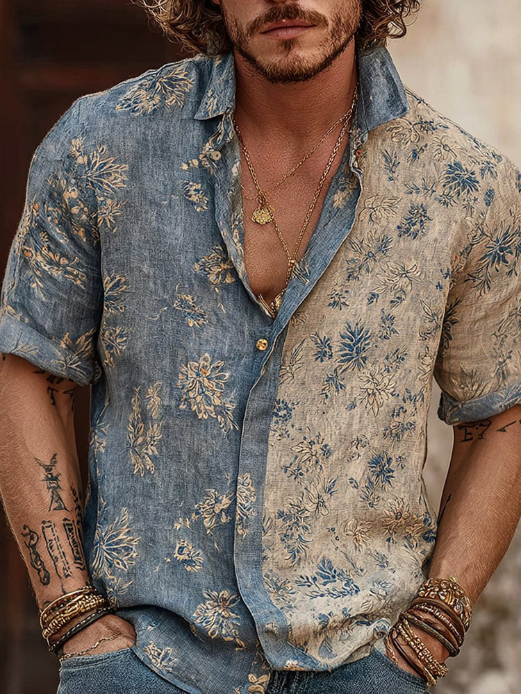 Men's Retro Bohemian Floral Print Casual Linen Shirt