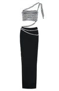 One Shoulder Crystal Trims Maxi Dress Black