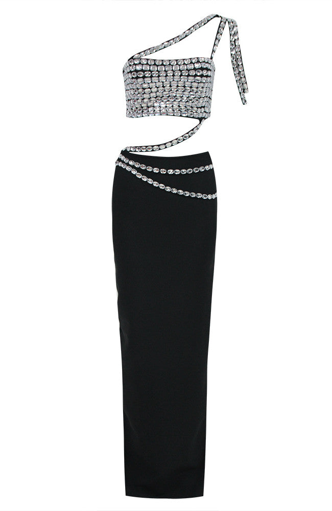 One Shoulder Crystal Trims Maxi Dress Black
