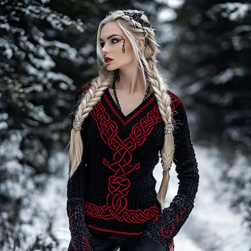 Women's Viking Celtic Pattern V-neck Cozy Knit Sweater