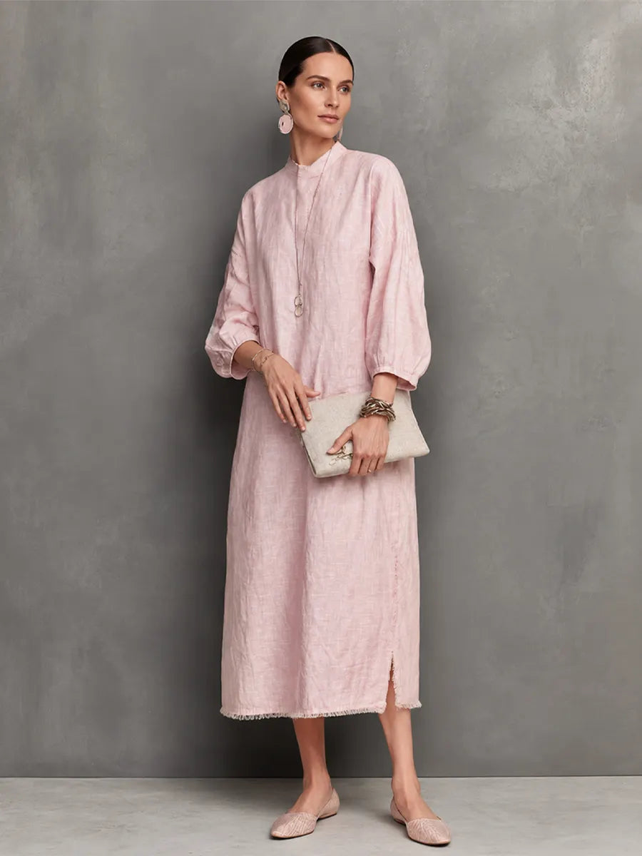Women's Relaxed Style Light Pink Linen Cotton Stand Collar 3/4 Sleeve Fringe Slit Midi Dress MDZ0117G8GMJ