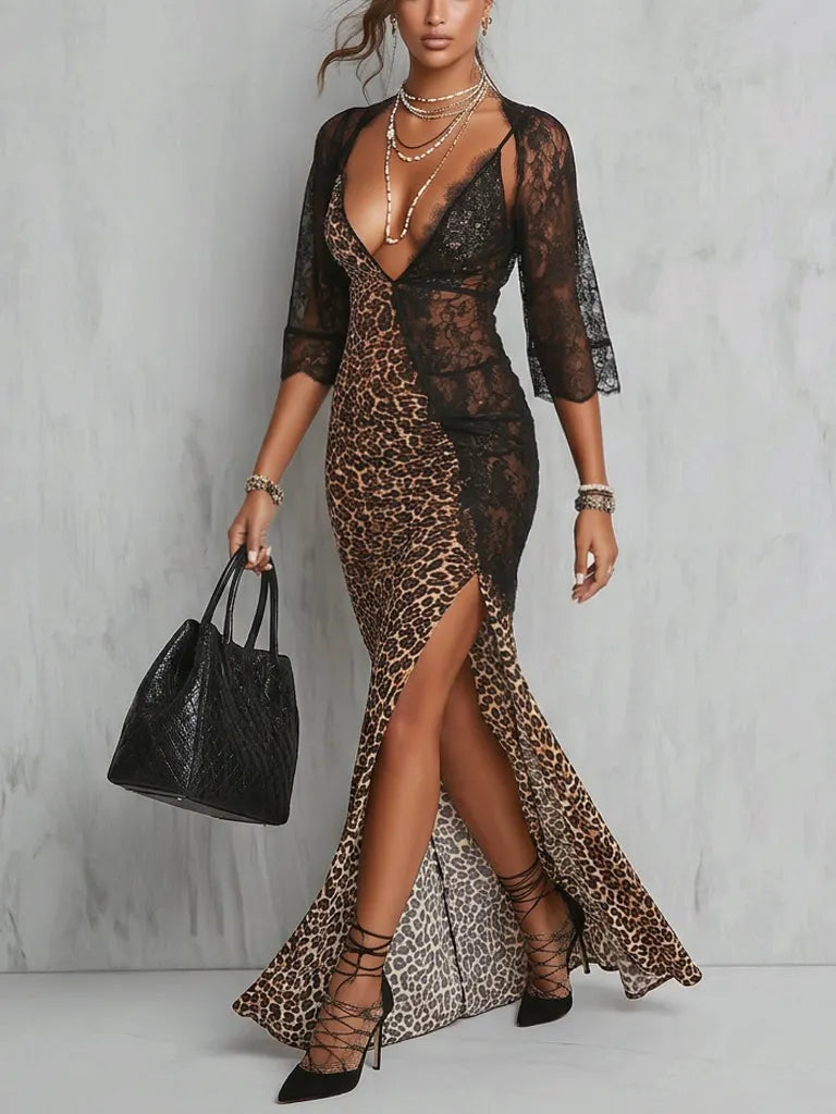 Brown Leopard Lace Patchwork Midi Sleeve Bodycon Dress
