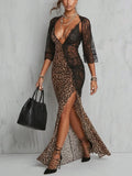 Brown Leopard Lace Patchwork Midi Sleeve Bodycon Dress